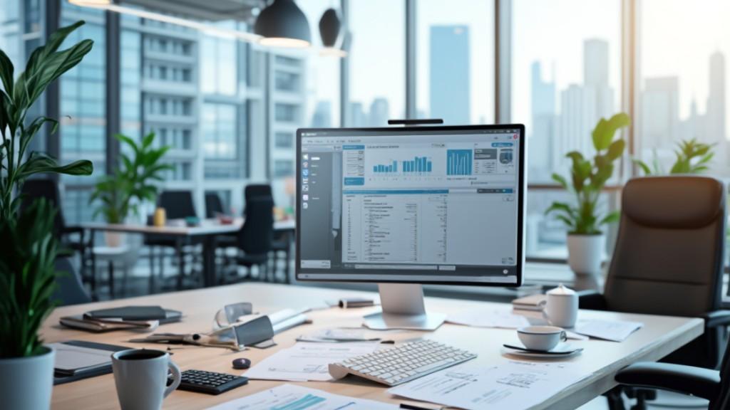 Small business owner reviewing payroll software checklist on laptop