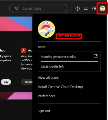 Adobe Account Menu - Manage Account