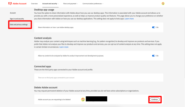 Adobe Data and Privacy Settings - Delete Adobe Account Option