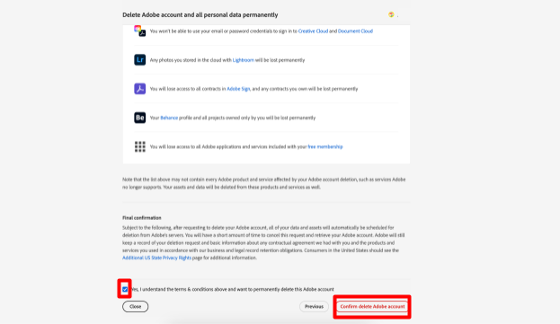 Confirm Delete Adobe Account Button