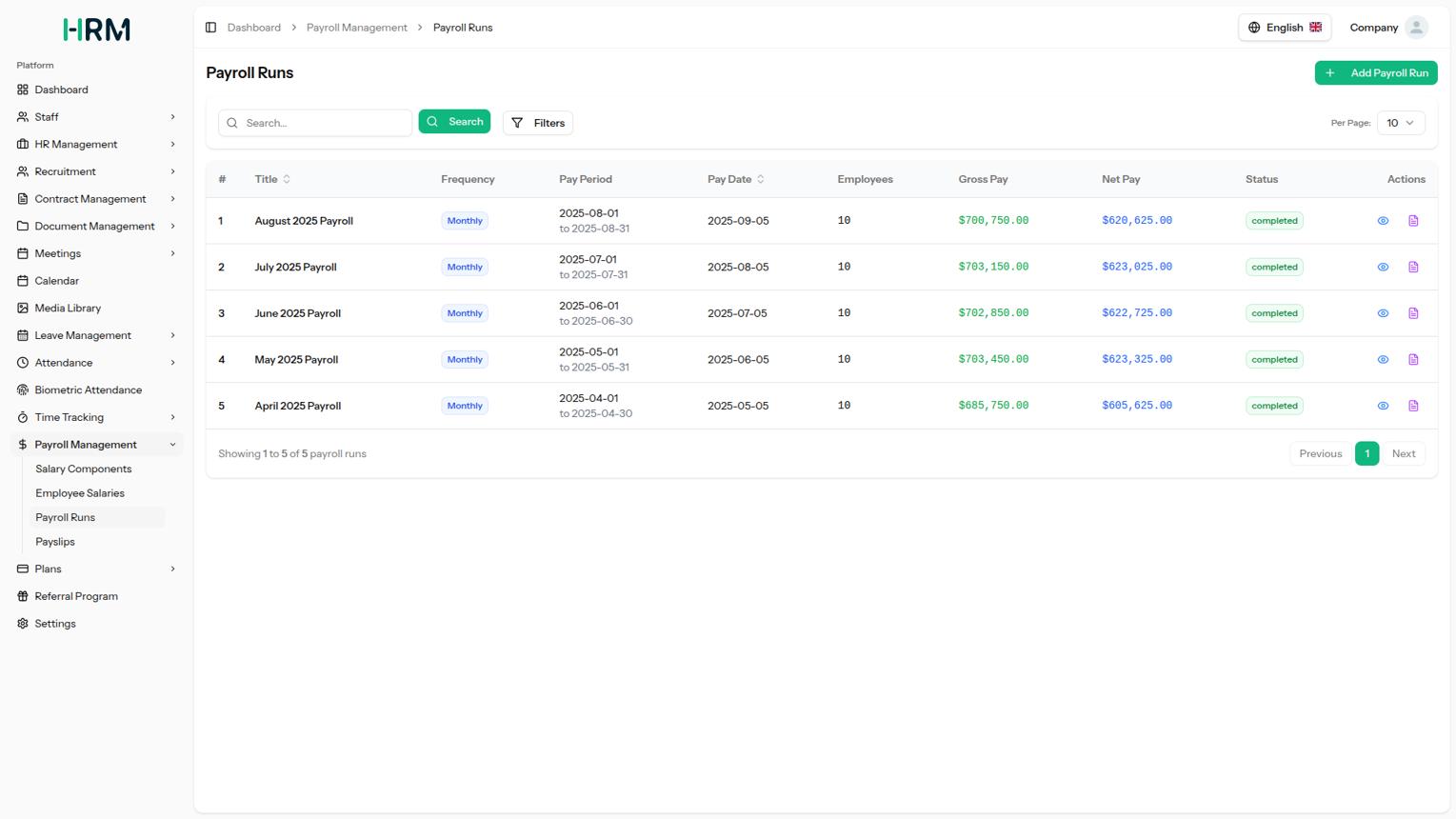 Payroll software interface showing employee records and payslip generation