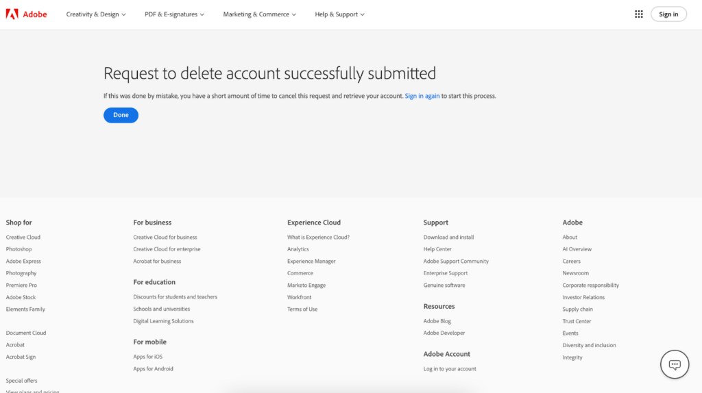 Adobe Request to Delete Account Successfully Submitted